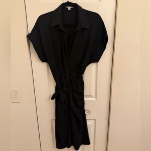 She + Sky Black Midi Shirt Dress with Waist Tie